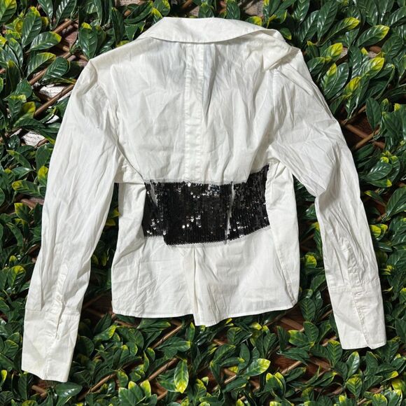 y2k Bebe White Button Up Black Beaded Bust Size Medium - Picture 3 of 6